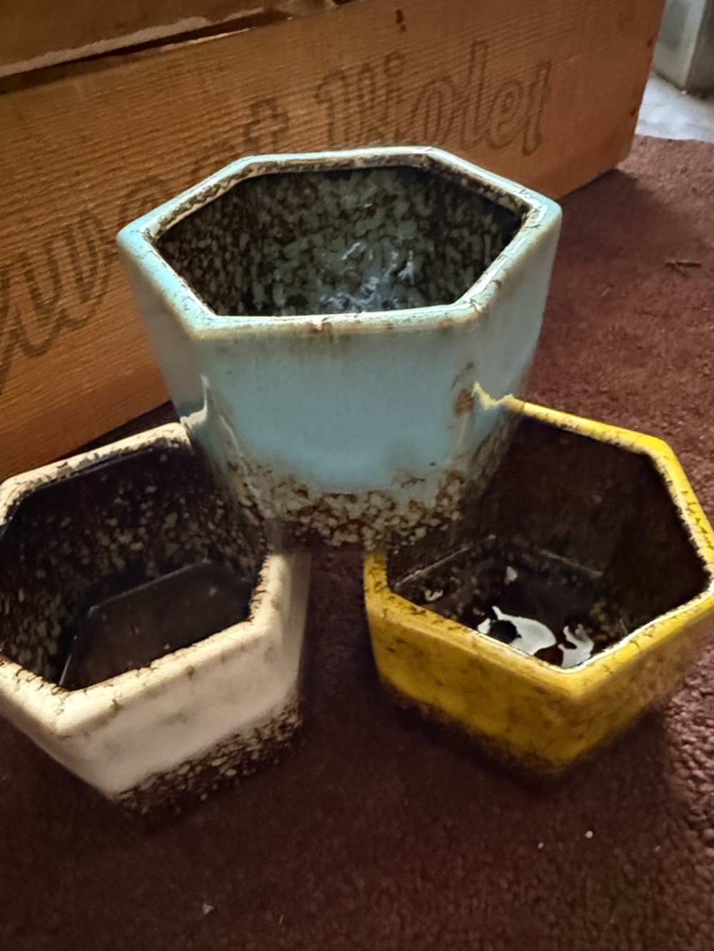 Hexagonal Ceramic Planter Trio - Blue, White & Yellow